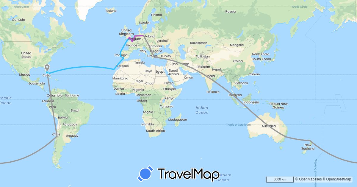 TravelMap itinerary: plane, train, boat in Australia, Bahamas, Chile, Germany, Spain, France, United Kingdom, Greece, Netherlands, New Zealand, Portugal, Singapore, United States (Asia, Europe, North America, Oceania, South America)